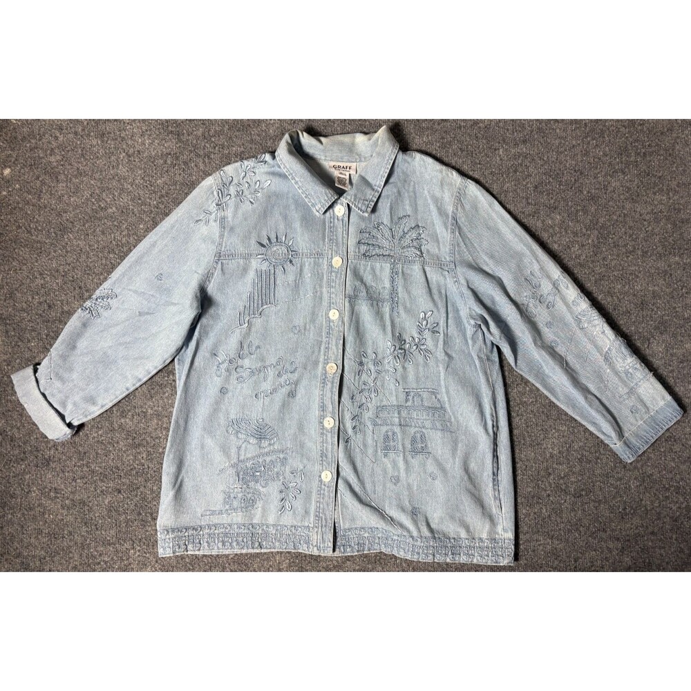 GRAFF By UM Company Denim Jacket Womens P L Tropical Vacation Embordered Beaded